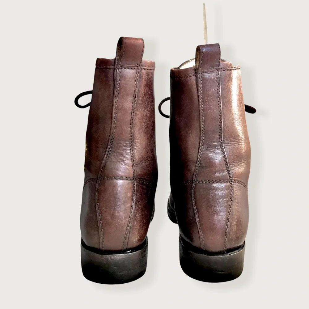 Frye Veronica Combat Brown Genuine Leather Lace Up Moto Combat Retro Ankle Boots - Picture 11 of 15